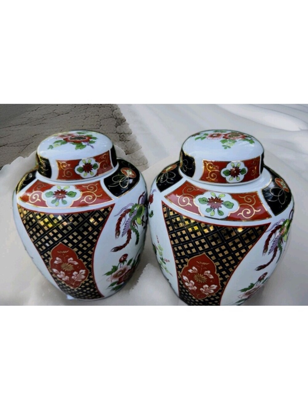 2 Stunning Small Japanese Imari-Style Urn/Ginger Jars Handpainted In Rich Colors